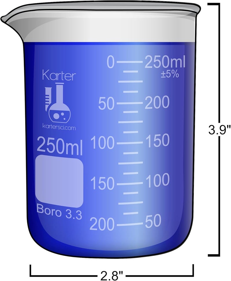 Karter Scientific 250ml Low Form Griffin Beaker - Pack of 12, Borosilicate 3.3 Glass, Double Scale Graduated - Image 2
